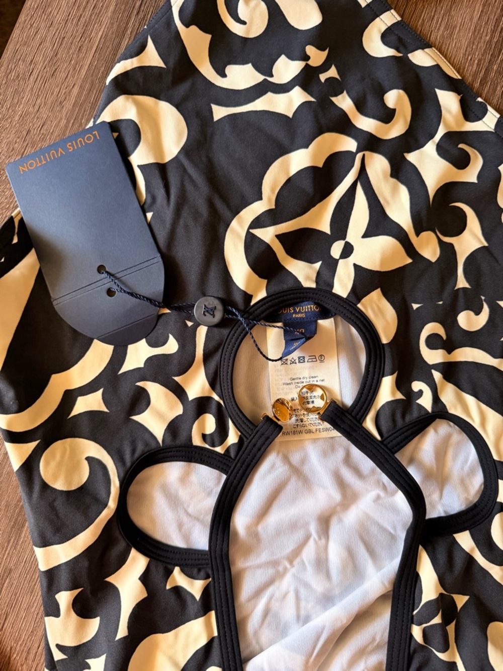 Louis Vuitton Black and Cream Monogram Halter Dress with Gold Buttons